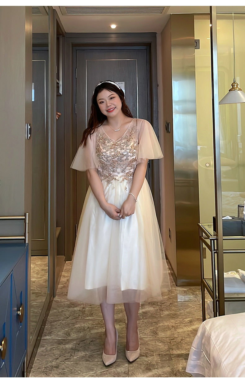 伴娘裙大码胖mm200斤仙气质学生主持人宴会小个子姐妹团晚礼服夏香槟