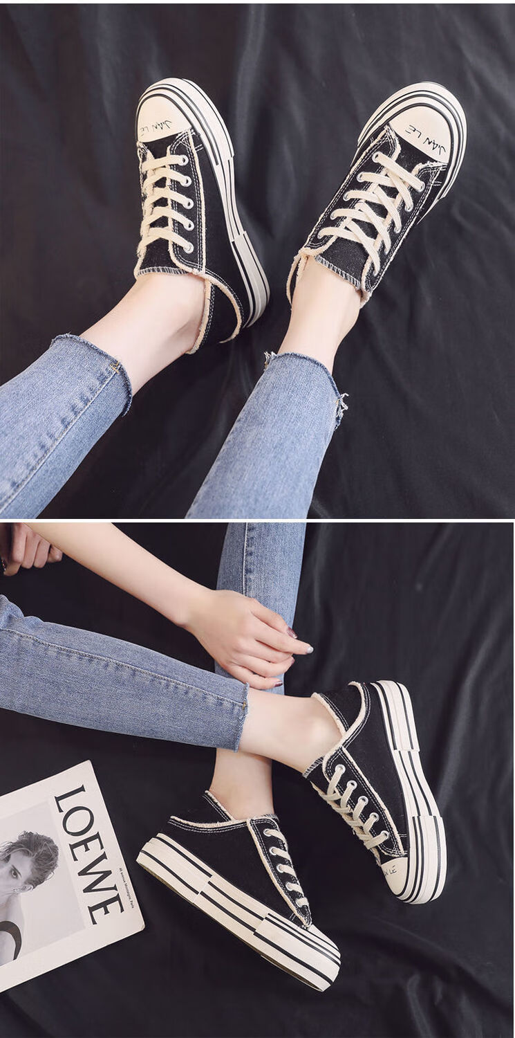 2021新款夏内增高帆布鞋女厚底百搭两穿吴建豪乞丐鞋踩跟小黑鞋白红