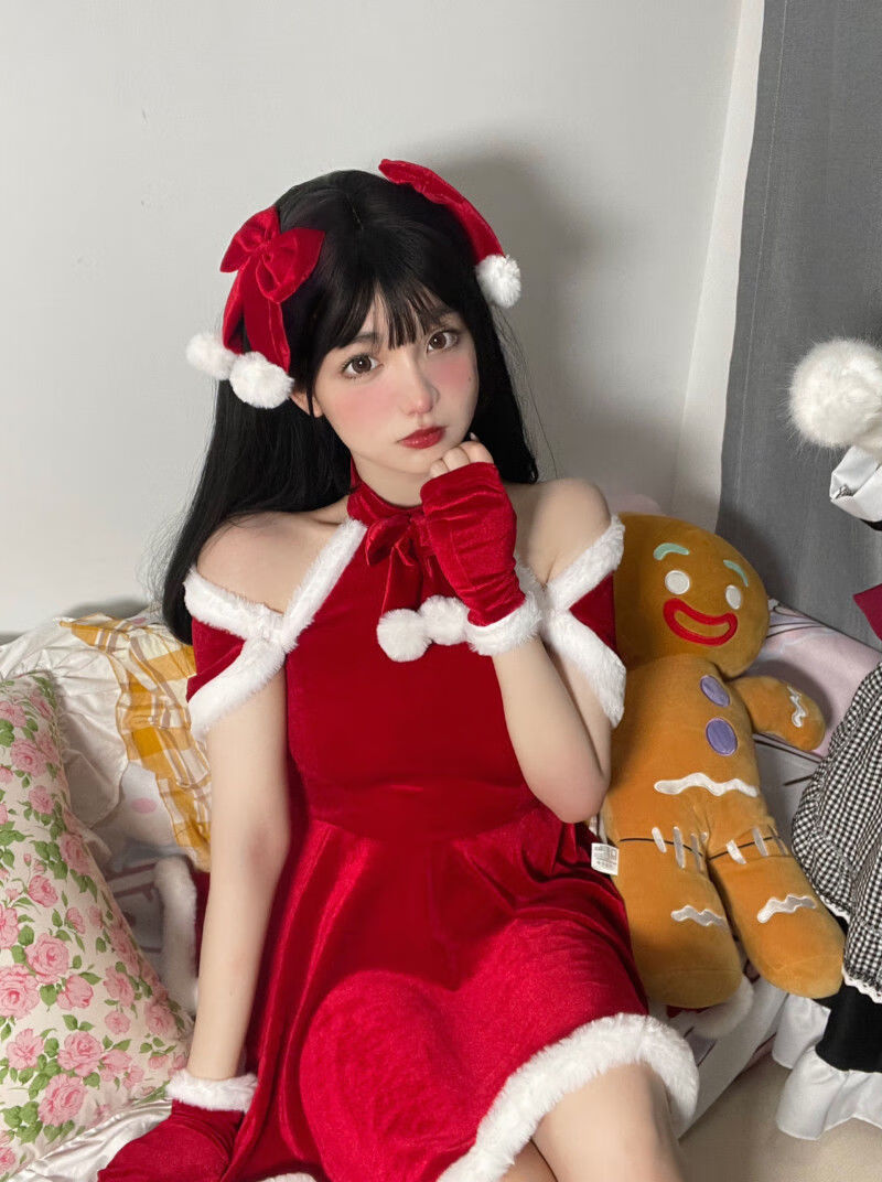 布利酱网红圣诞节套装裙制服红色性感连衣裙女秋冬毛绒裙子纯欲风短裙