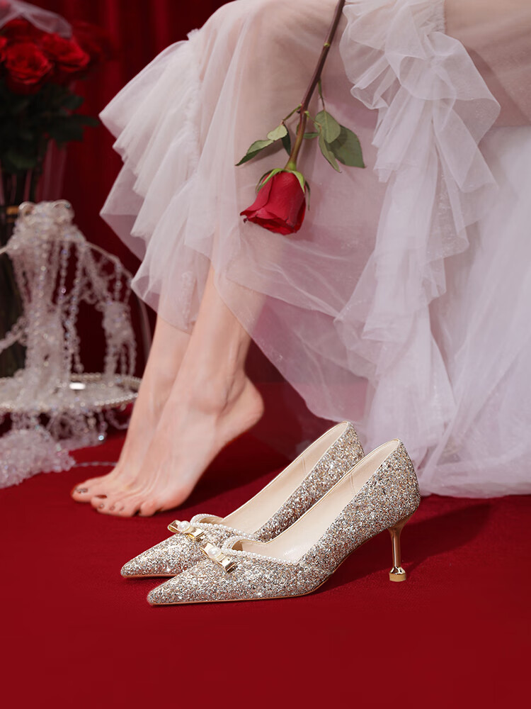 小红书同款结婚新娘鞋法式高跟鞋婚鞋秀禾婚纱两穿水晶鞋女秋季礼服细