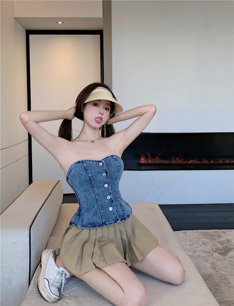 京品优选防走光牛仔抹胸小背心女夏季无肩带辣妹美背裹胸外穿内搭打底