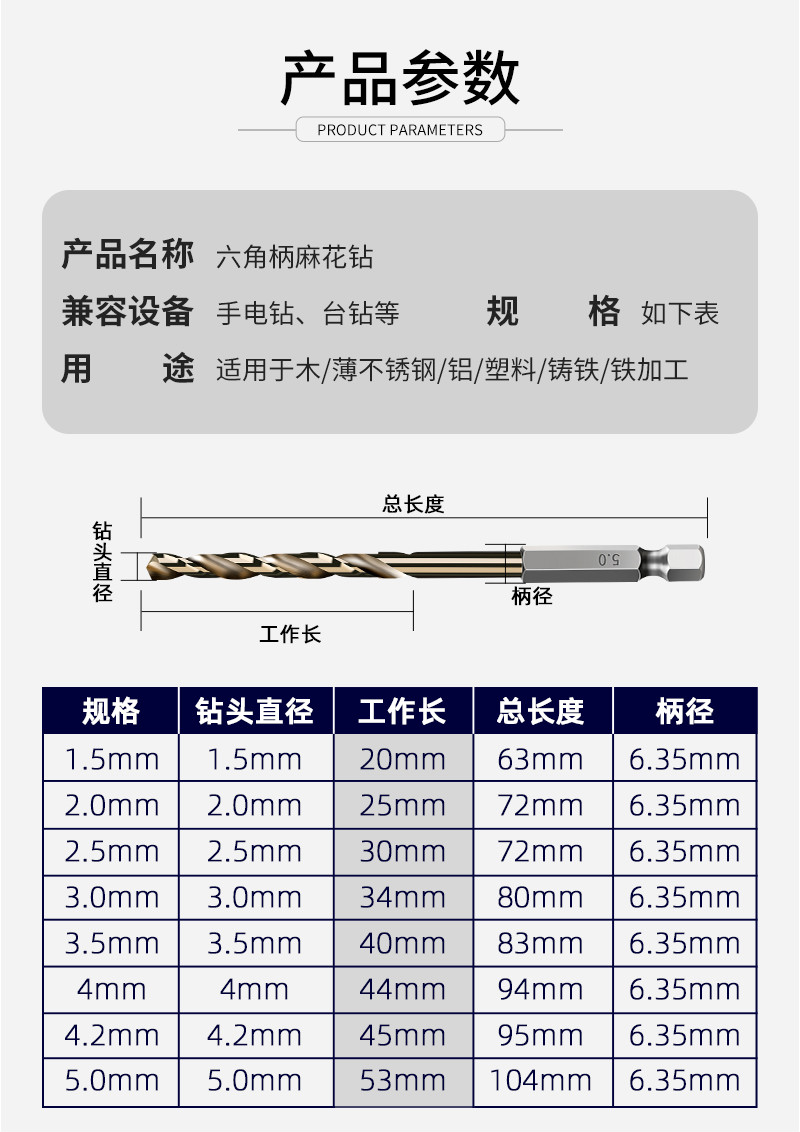 六角柄麻花钻头打孔不锈钢直柄加长高速钢6542镀钛钻花钻咀风批组 4.
