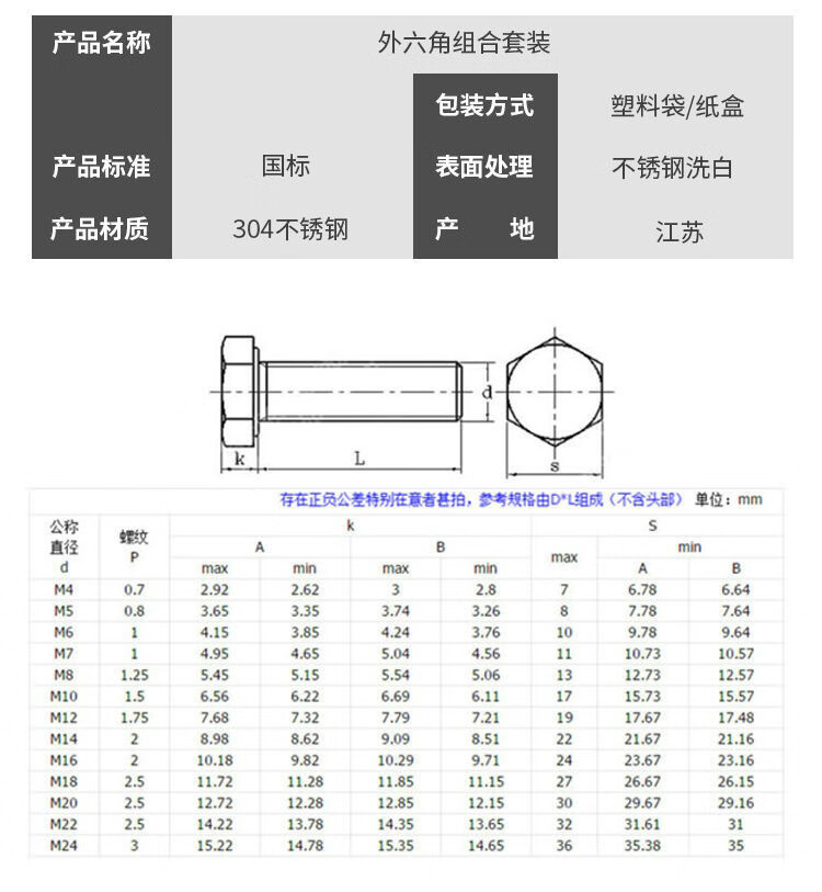 m6m8m10m12m16304不锈钢外六角螺栓螺丝螺母套装全螺纹加长螺杆m6直径
