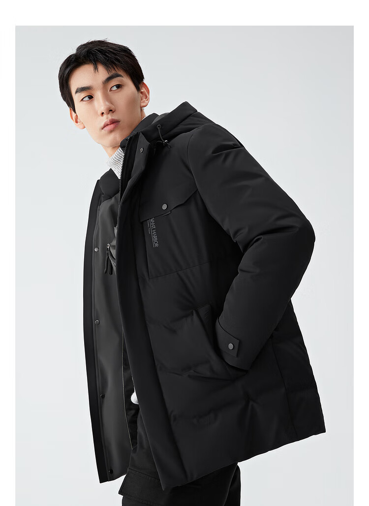 hla海澜之家男士羽绒服中长款2021冬季新款抽绳连帽加厚弹力羽绒外套