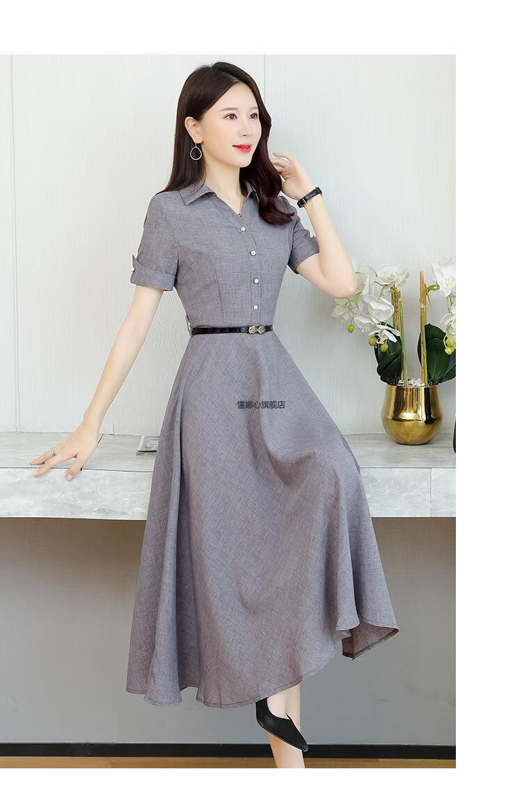 有领子的连衣裙棉麻女装2022年新款收腰气质薄款中长裙牛仔蓝xl