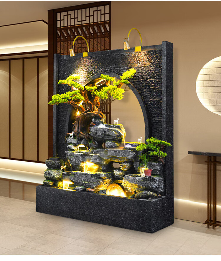 流水趣假山流水喷泉水幕墙玄关屏风隔断室内客厅背景墙景观鱼池落地