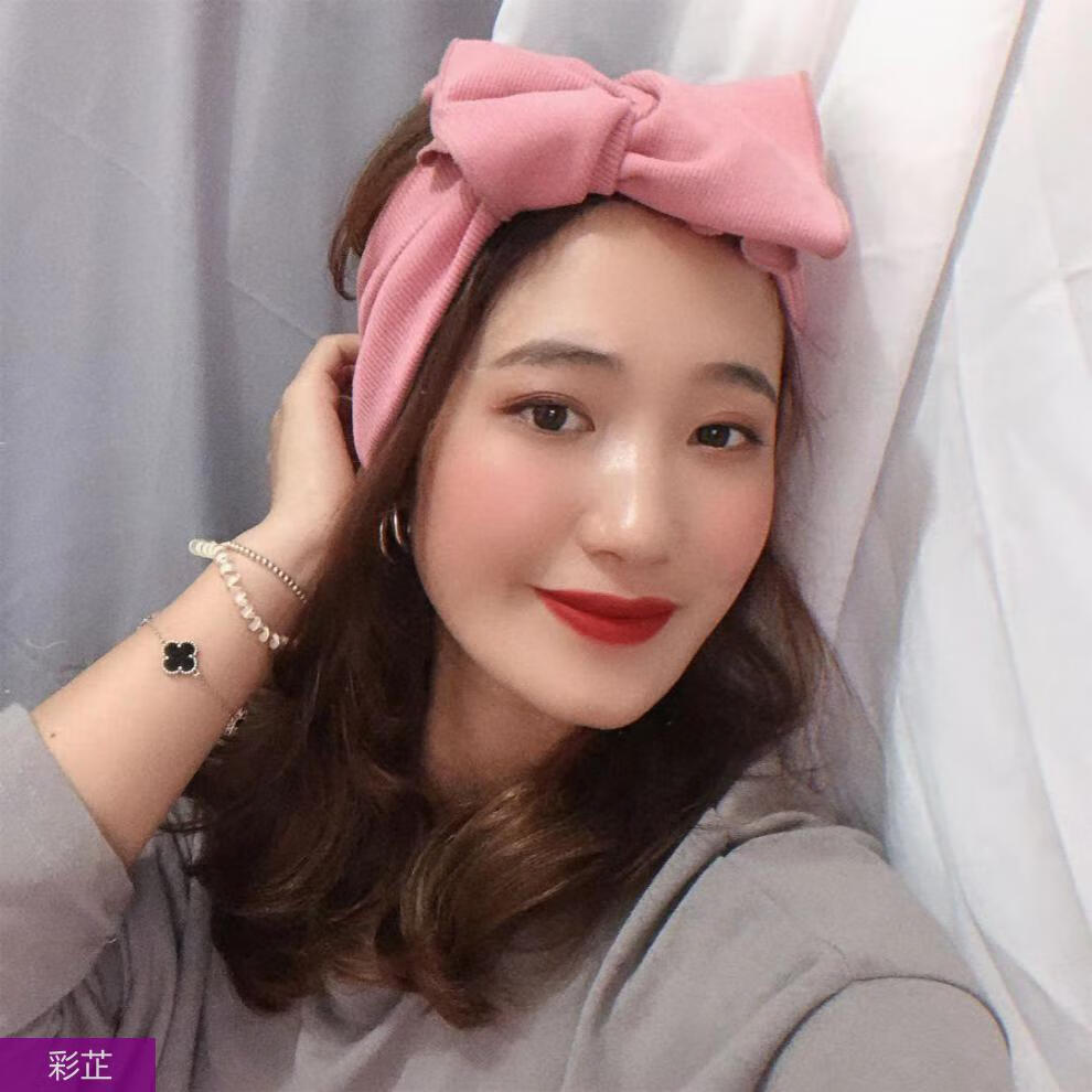 彩芷韩国复古手工织毛线蝴蝶结宽发带网红洗脸发带粉色发带