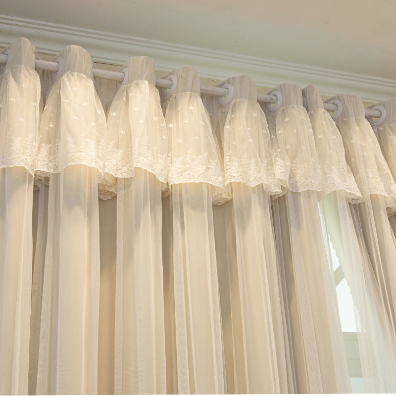蕾丝公主卧室客厅窗帘窗纱蓝色帘头全遮光2米宽乘27高打孔平铺一片