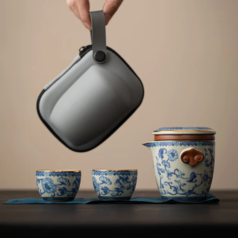 Xiyuan Ji Ru Kiln Travel Tea Set, Ceramic Portable Single Person Tea Set, One pot and Two Cups, Quick Guest Cup, Outdoor Tea Drinking Equipment, Flower and Beige Ru Kiln Tianfu Xiangyun Quick Guest Travel Set thumbnail 3