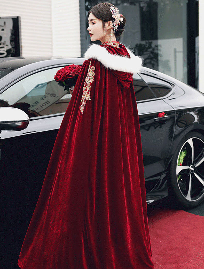 妸蕴新品斗篷披肩新娘结婚秀禾服披风斗篷冬季女红色冬季丝绒加厚加绒