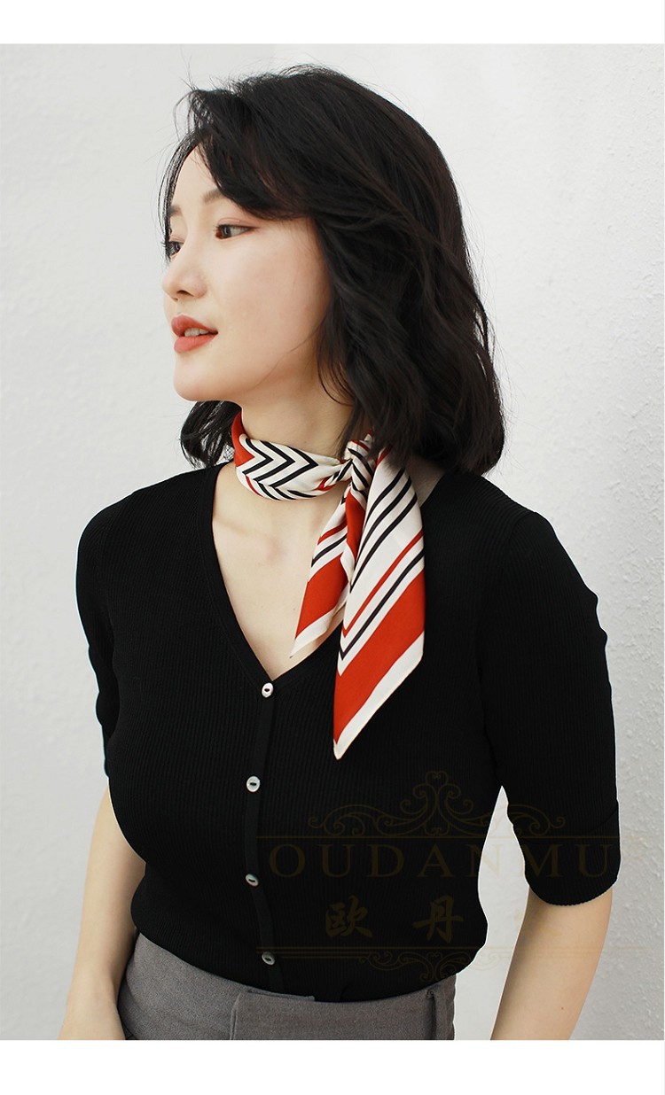 条纹丝巾小方巾春秋款洋气时尚真丝桑蚕丝围巾女脖子搭配衬衫深蓝色