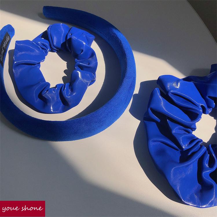 youeshone蓝色超时髦发箍大肠圈pu皮质发圈发绳头绳增高海绵头箍女