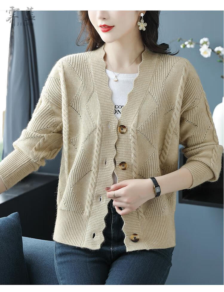 霁蓝高端品牌中青年针织衫女新款绿色羊毛针织开衫女秋装短款洋气外搭