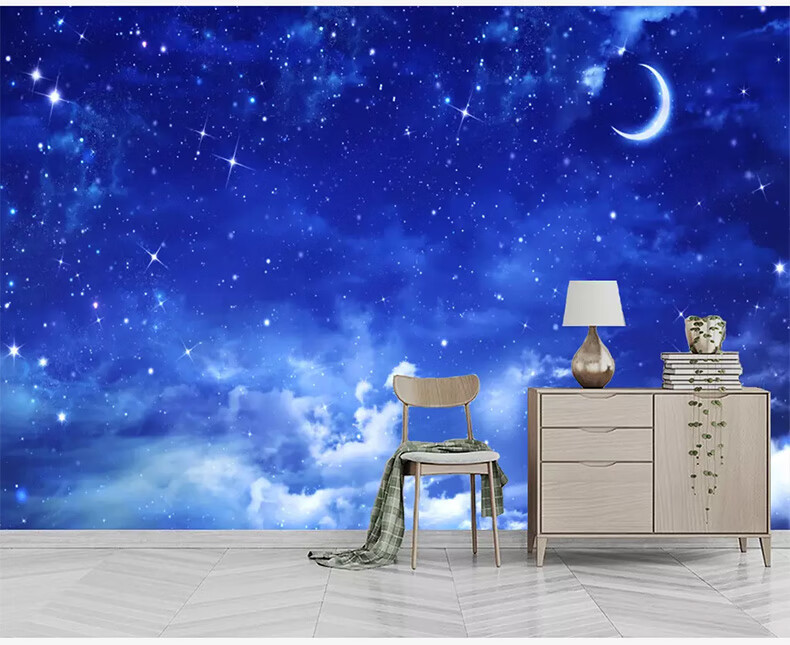 梦幻月亮星空壁画电视背景墙壁纸儿童房墙纸卧室床头卡通装饰墙布无缝