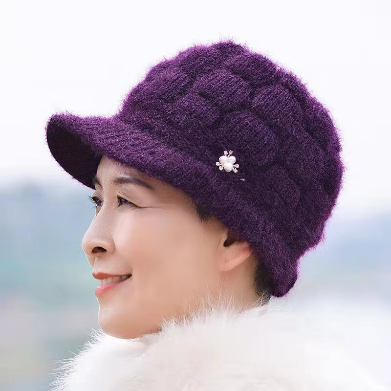 中老年冬天针织毛线帽加厚加绒保暖南瓜帽黑色