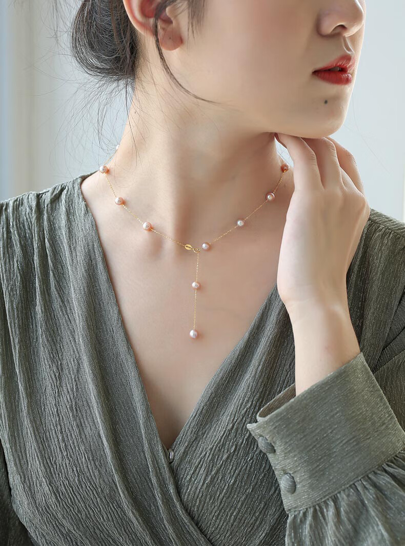 625轻彩满天星67mm淡水珍珠项链18k金锁骨链女一款多戴混彩满天星流苏