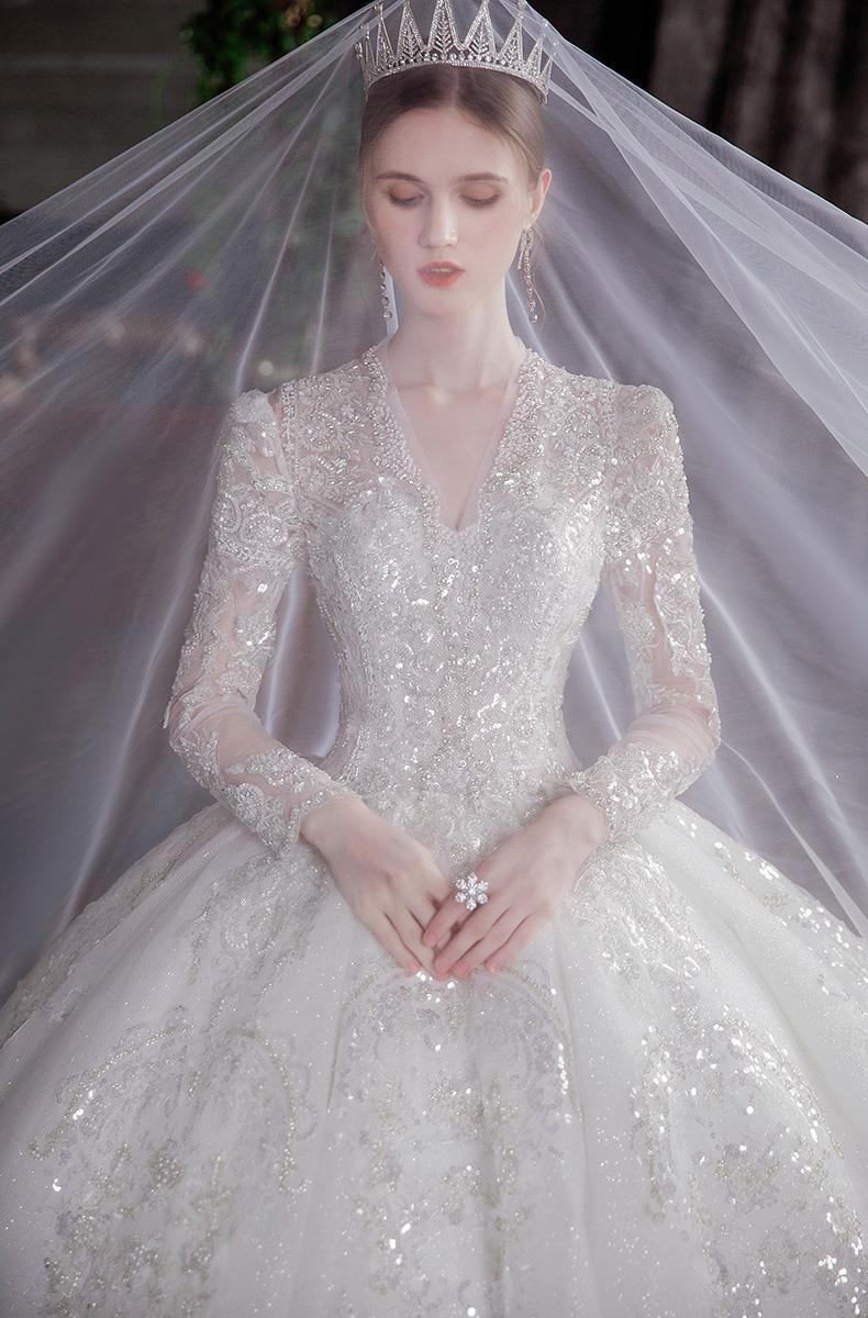 宫九歌长袖主婚纱礼服202121新款气质新娘夏季深v领大拖尾感宫廷风x8