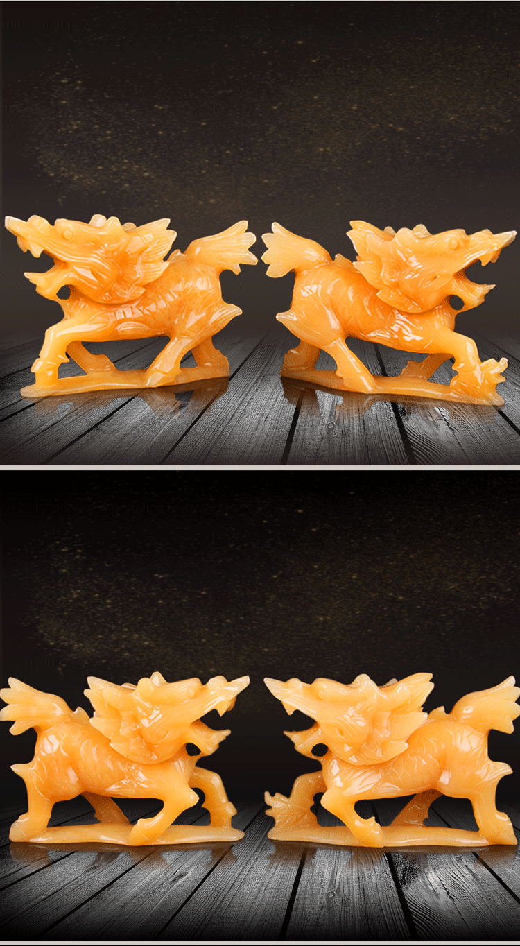 麒麟摆件一对玉石摆件天然黄麒麟一对家用客厅玄关装饰品公司店铺乔迁