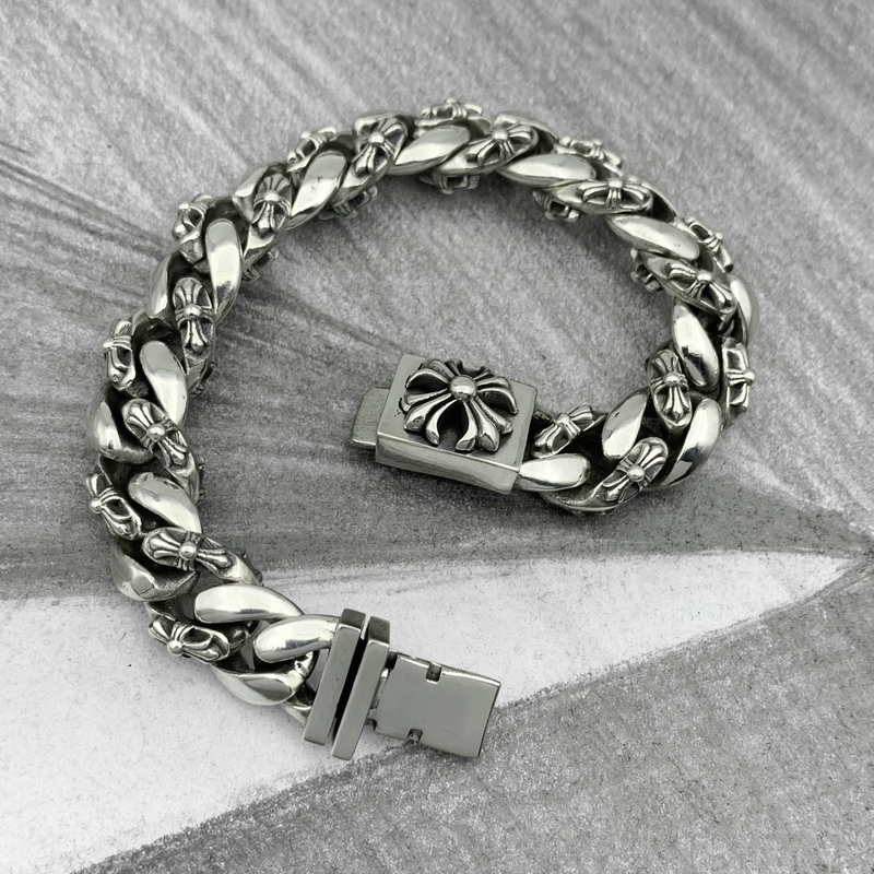 欧凯伦925银ch克罗心个性十字花手链男女欧美复古十字架泰银手链10mm