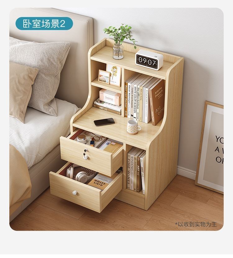 升级款带书架的床头柜带锁卧室出租房用床边大尺寸简易灰色收纳柜加高
