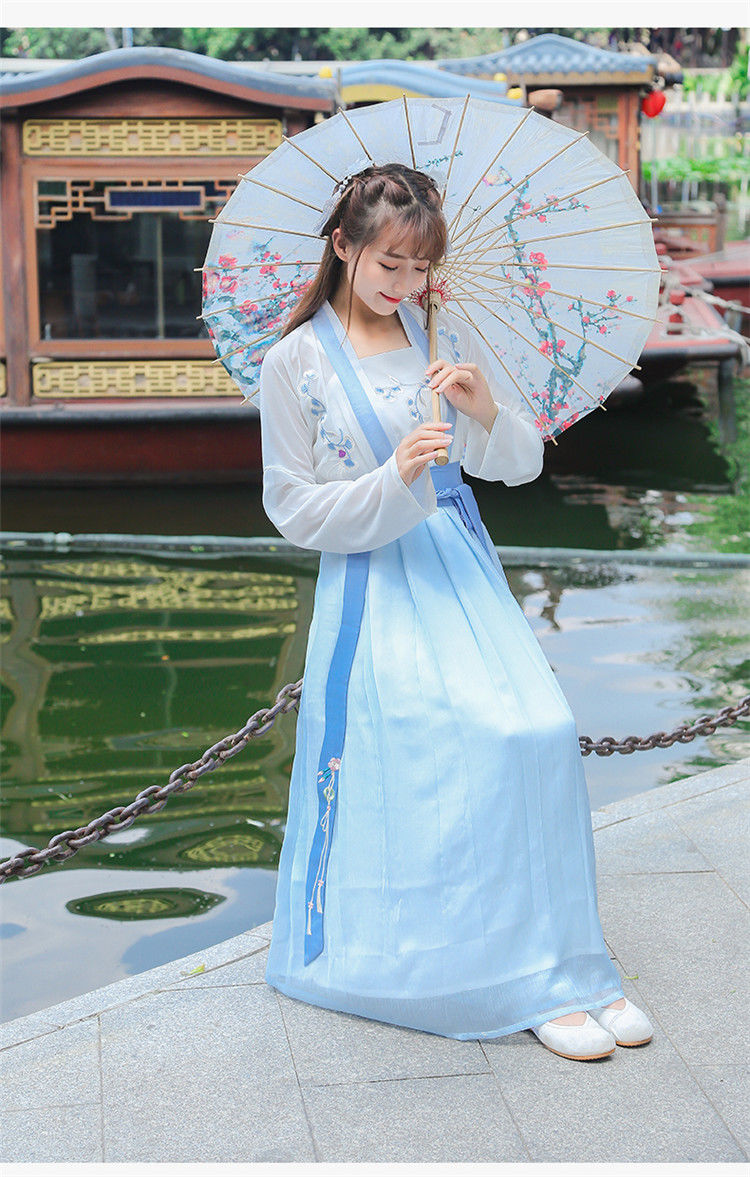 古装女汉服齐腰改良版淡雅中学生春夏秋装刺绣日常雪纺套装陶亦妗天蓝