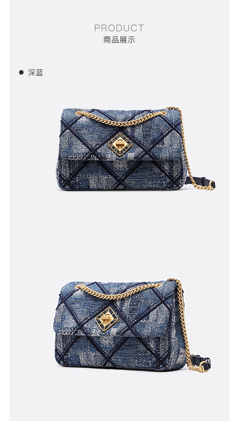 fion菲安妮菱格链条小方包2021新款油画斜挎单肩包轻奢手提包女深蓝