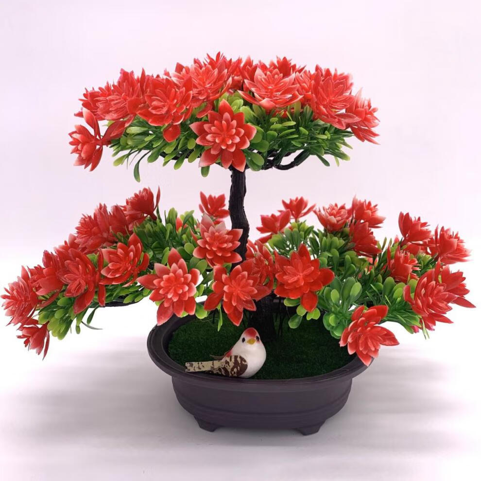 假花仿真花装饰客厅塑料花绿植迎客松酒柜创意摆件工艺品盆景带鸟