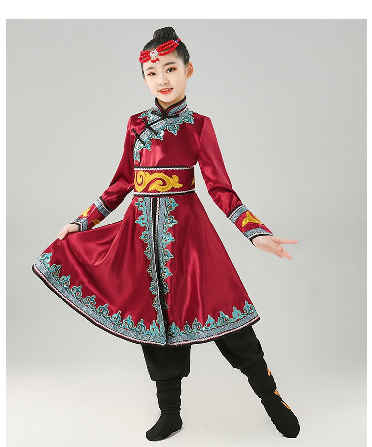 蒙古舞蹈演出服儿童女蒙古族男童蒙袍内蒙古少数民族服装新款套装 酒