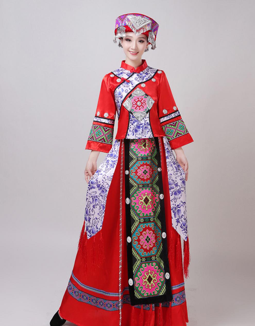 土家族舞蹈演出服湘西少数民族服装女成人男舞台表演服饰套装 大红色