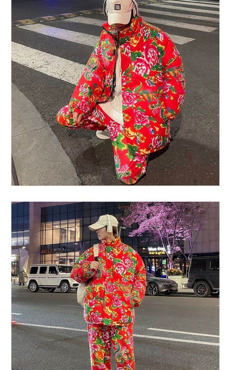 秋冬新款棉服东北大花棉袄男加厚网红抖音同款农村喜庆棉衣 蓝色花