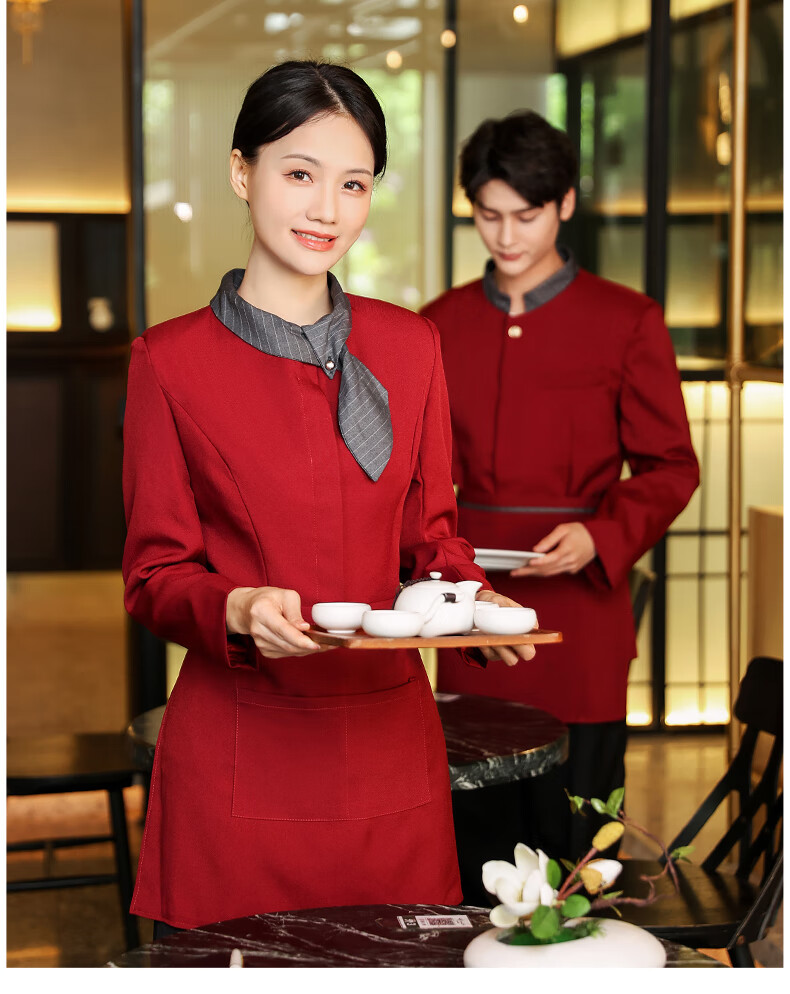 欧霖晟【可定制 印字】新中式服务员服餐饮红色工作服女酒店饭店餐厅