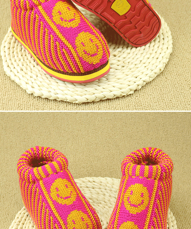 手工毛线棉鞋儿童毛线鞋毛线编织鞋防滑保暖居家儿童棉鞋 玫红 蓝梅花