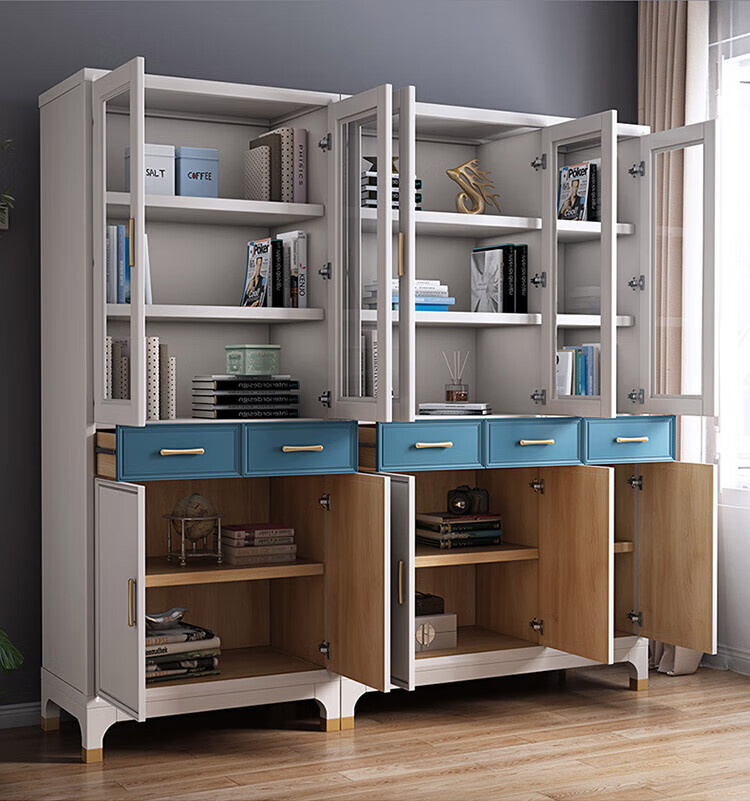 尼创 美式轻奢实木书柜带玻璃门收纳柜一体整墙书橱书架组合书房储物