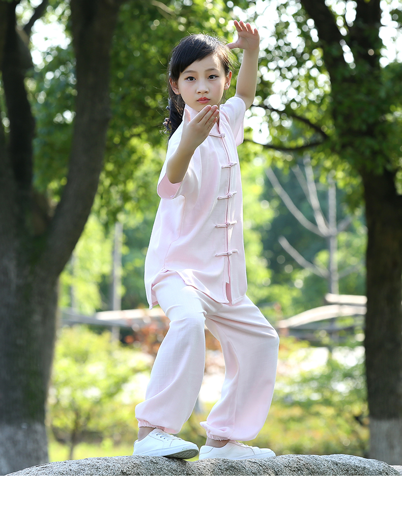 太极服儿童棉麻太极服男女童武术练功服短袖少年太极拳表演服长袖套装