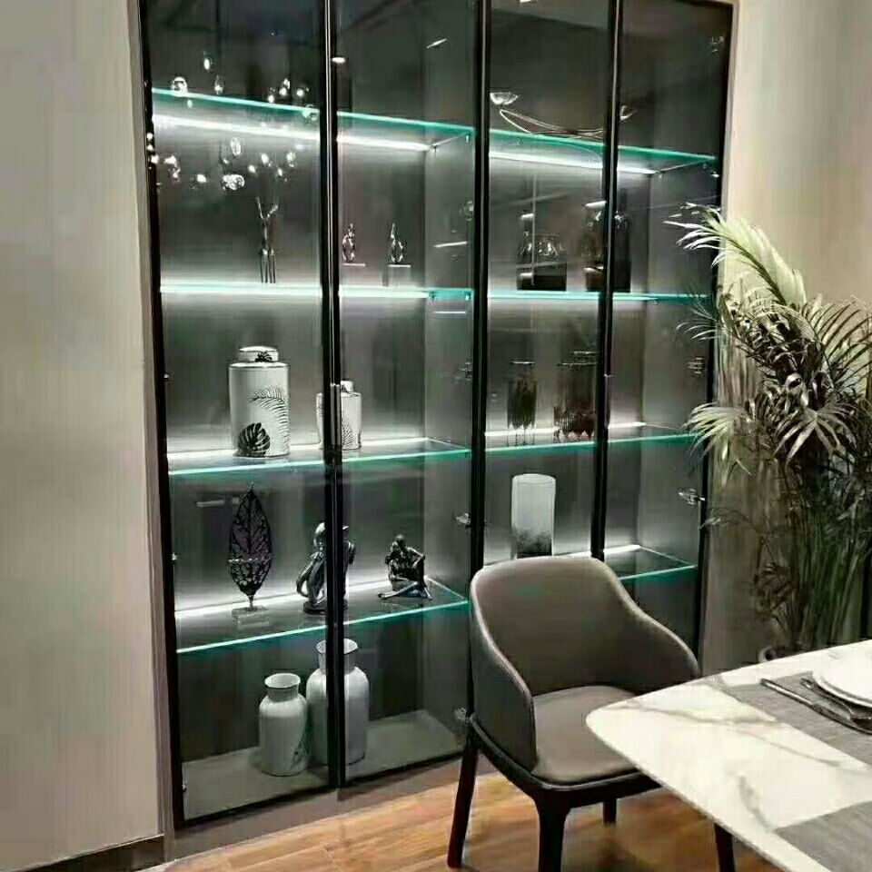 定制极简窄边框铝框玻璃门柜门铝框门平开门酒柜门书柜门衣柜门咖啡色