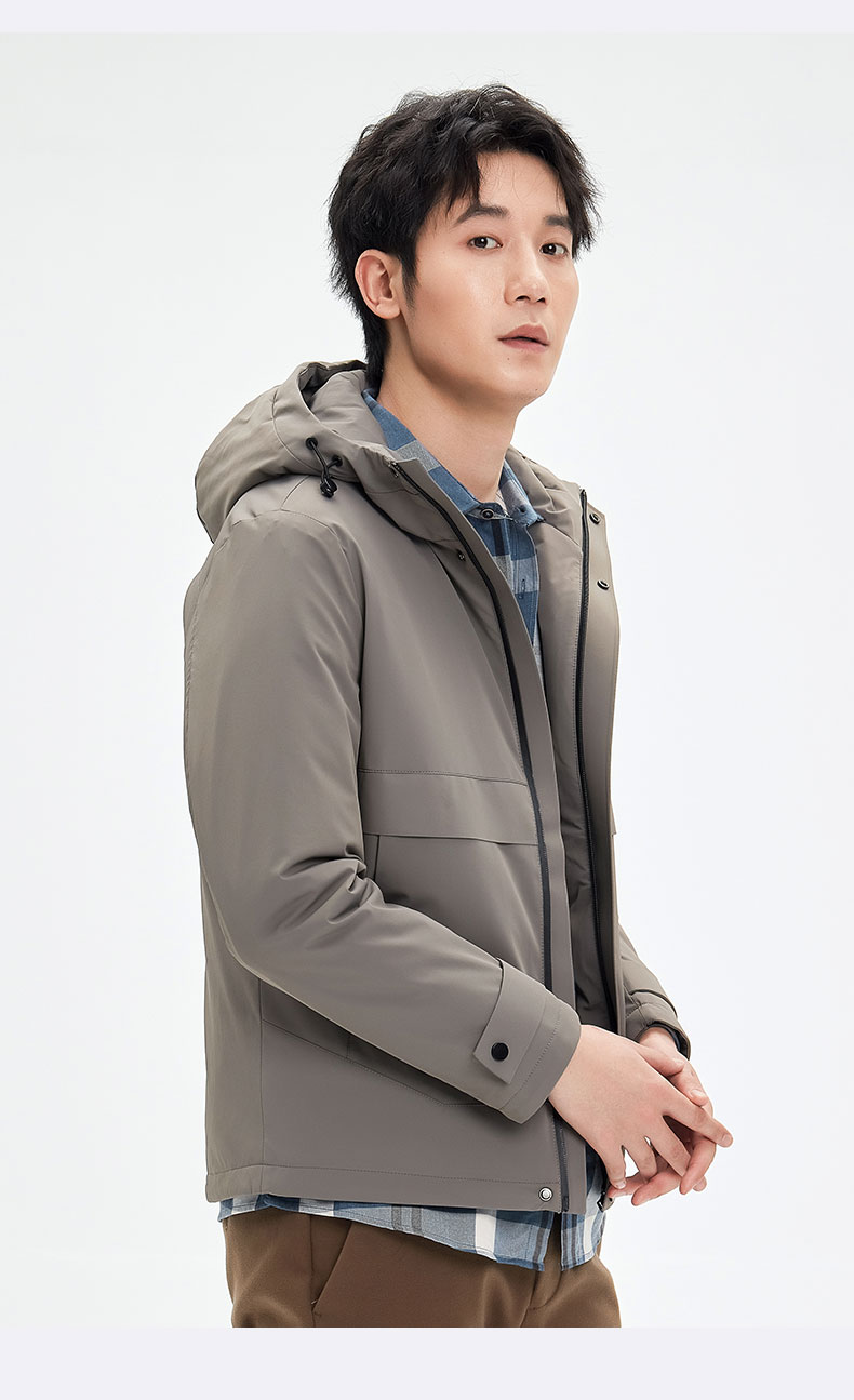 爱登堡男士羽绒服短款秋冬时尚连帽派克百搭潮流冬装工装外套卡其170m