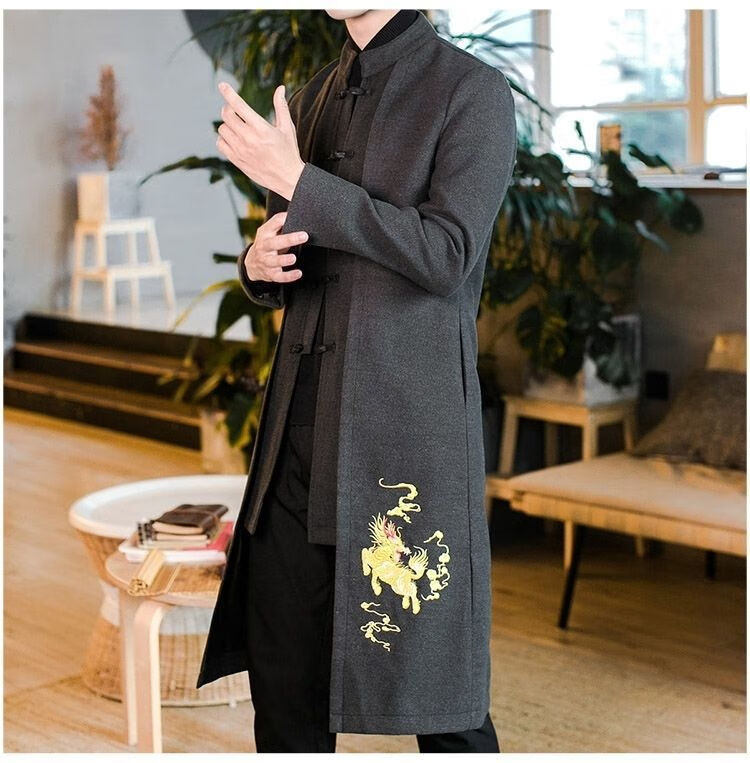秋冬季唐装男士长款毛呢大衣中国风立领假外套复古刺绣上c7a1黑色2xl