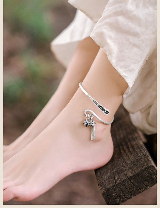 bizzarri银脚镯女古风脚链复古雕刻花纹流苏吊坠开口可调节银镯子脚环