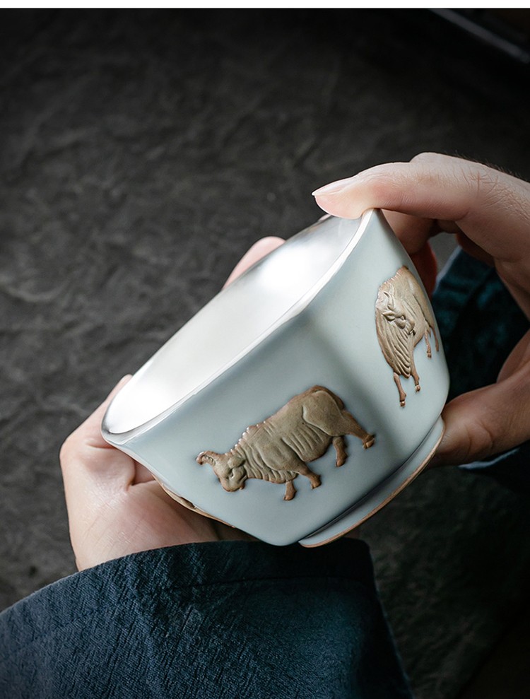 容山堂固德徐国瑞大师五牛杯大号主人杯家用品茗杯单杯喝茶杯浮雕鎏银