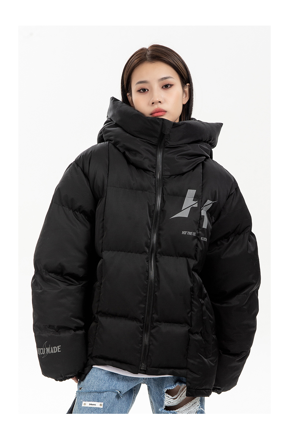 赤泽htcu不对称夜光棉服男潮牌嘻哈冬季保暖发光棉衣棉袄ins加厚外套