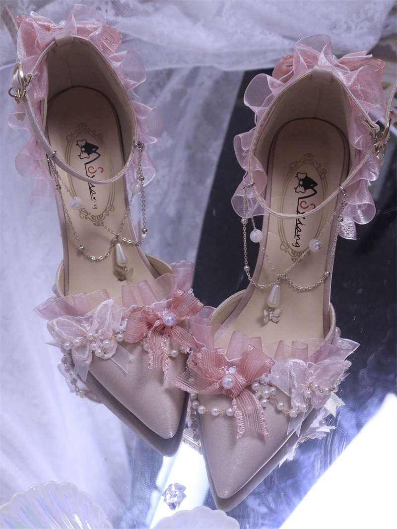 洛丽塔高跟鞋花嫁lo鞋尖头手作优雅高跟鞋百搭lolita茶会藏蓝色7cm带