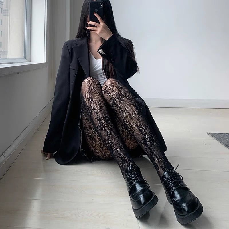 lita镂空蕾丝网袜打底花藤白色黑子女花朵白色