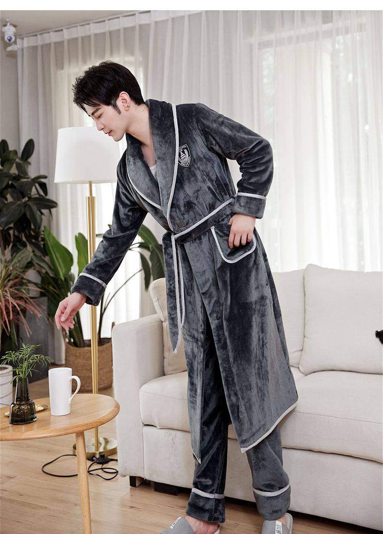 浪莎睡袍男秋冬季长款珊瑚绒加绒睡衣冬法兰绒连体带裤子男士男生加厚