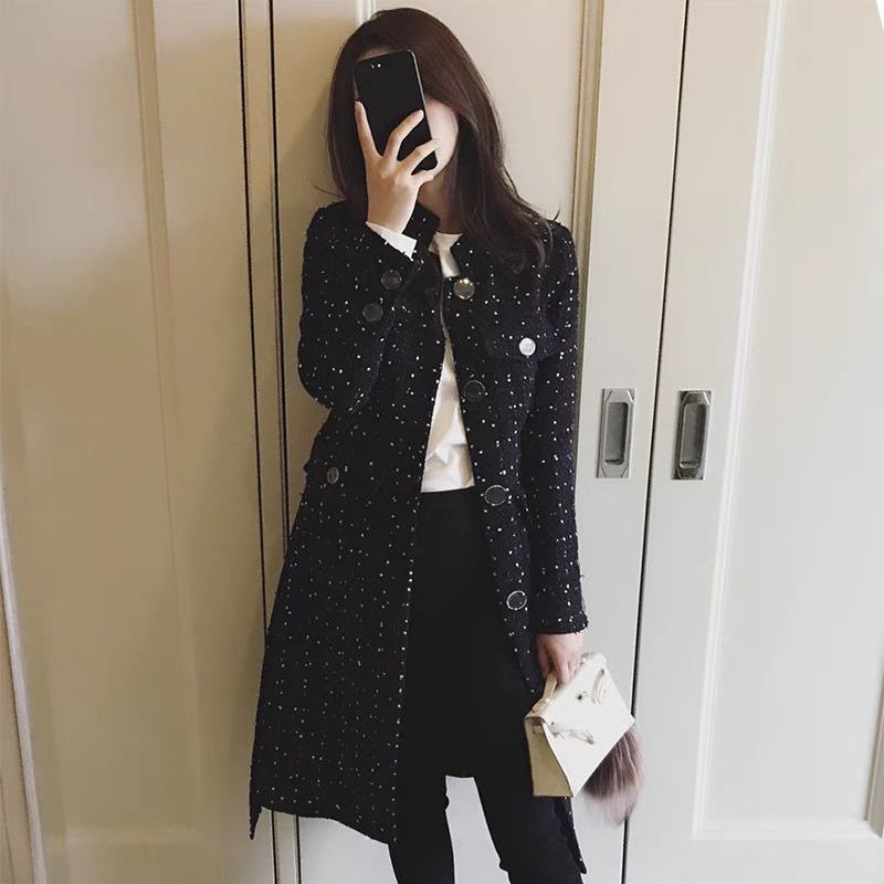 毛呢外套女小个子时尚赫本小香风中长款大衣呢子外套黑色s建议100斤内