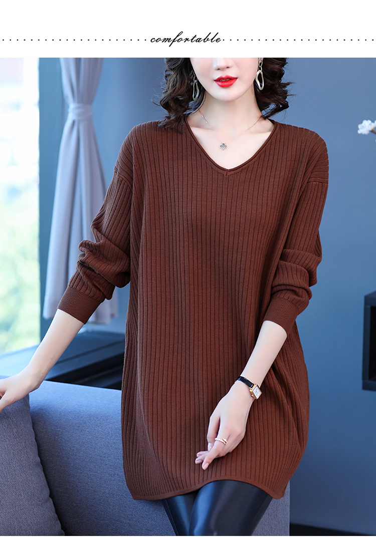 时尚女装加肥加大码长款毛衣女秋冬v领上衣宽松中长款毛衣打底衫胖mm