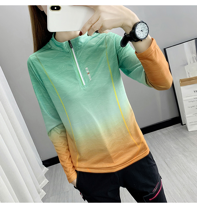 渐变色速干t恤女立领长袖春夏季薄款弹力户外运动快干上衣服ladidasΗ