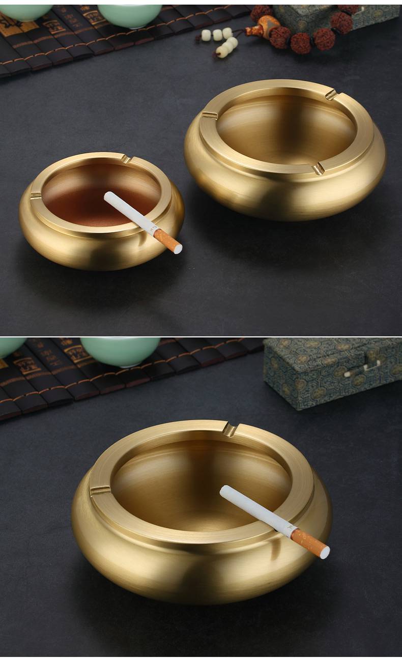 古典纯铜烟灰缸加厚车载黄铜紫铜客厅装饰创意卧室摆件烟盅刻字大号墨