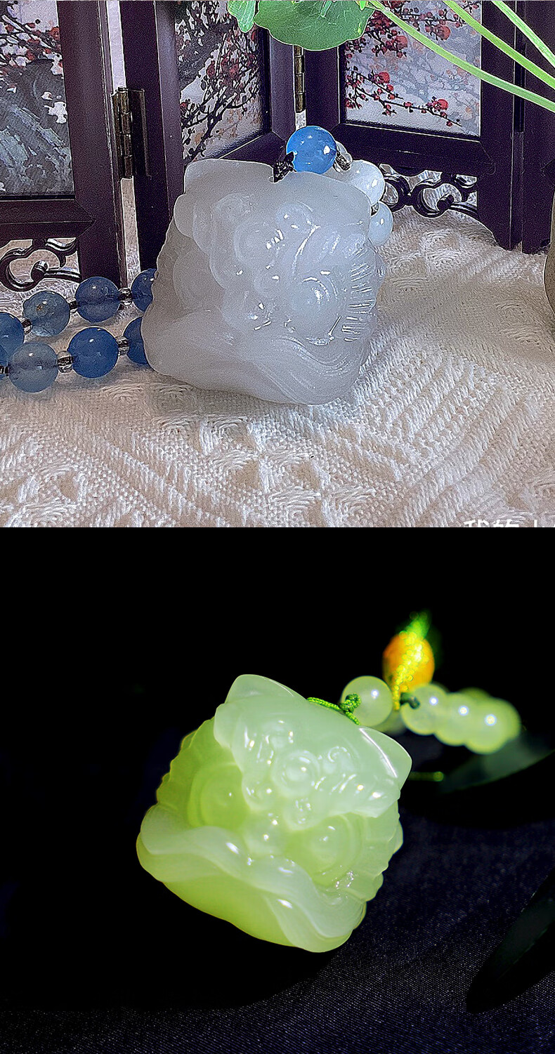 佘太翠醒狮手把件挂件可爱狮子头玉石雕刻手持玉器首饰国潮风 黄色