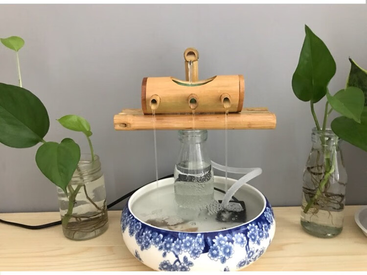 抖音网红艾曦木水缸造景陶瓷鱼缸流水竹子流水摆件循环水摆件竹筒流水