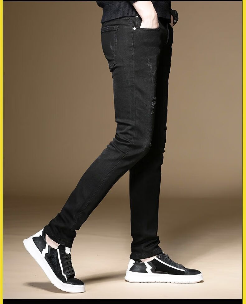 春秋季高端黑色牛仔裤男修身小脚弹力潮流百搭刺绣男士休闲长裤子黑色